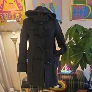 Vintage Uniqlo Women's Dark Gray Hooded Wool Duffle Toggle Coat XS Mid Length